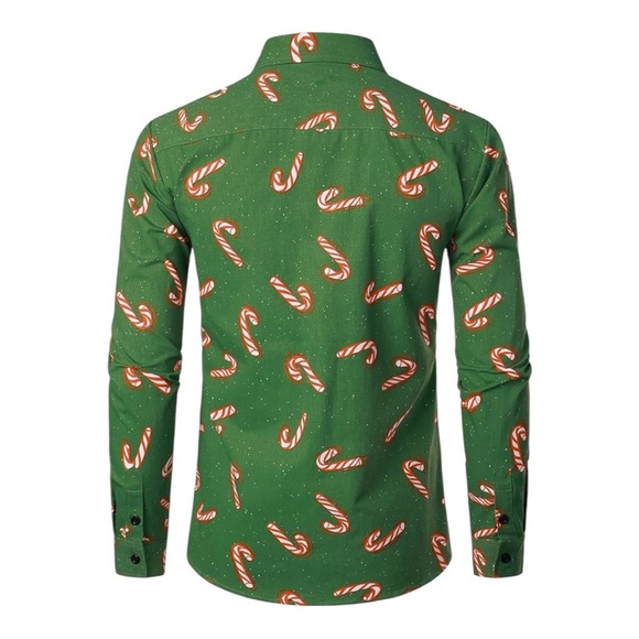 Festive Green Candy Cane Casual Button Down Shirt - Picture 2 of 6
